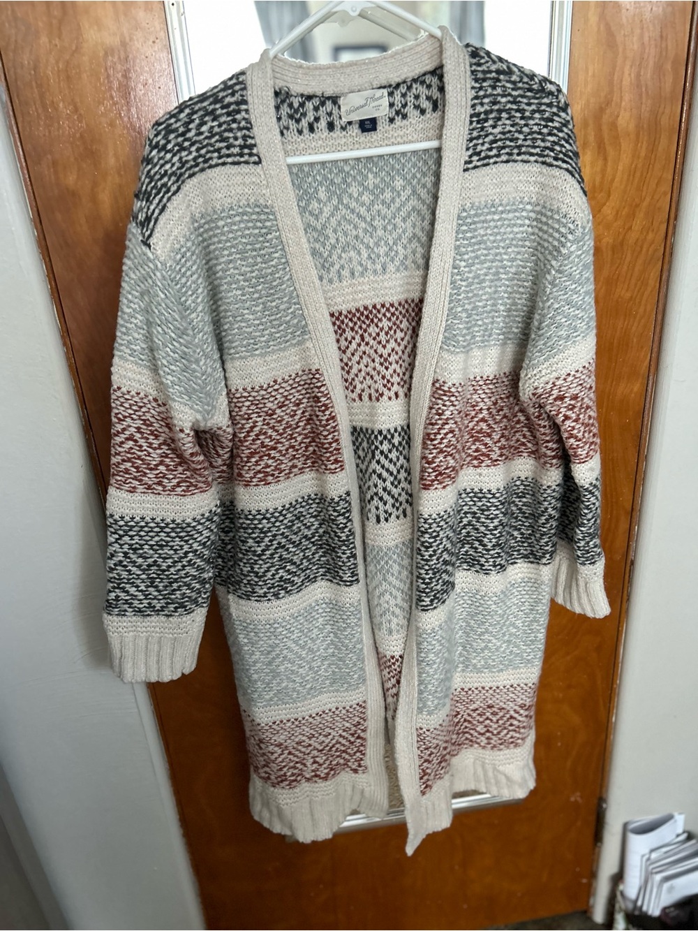 Universal Thread Striped Open-Front Cardigan - Cream, Gray & Brown